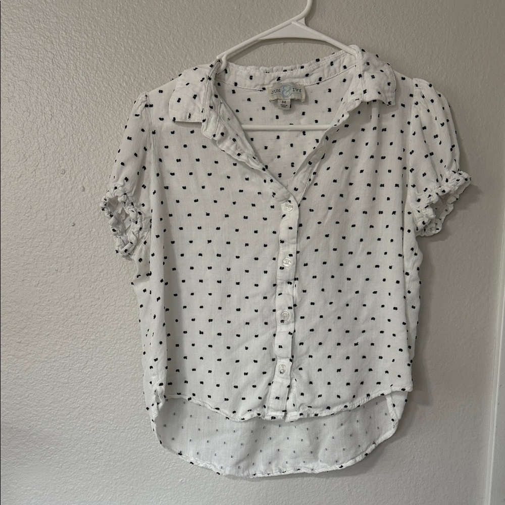 Elegant White Button-Down Shirt with Black Dots